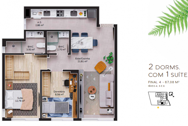  2 Dorm. c/ 1 Suite 67m²