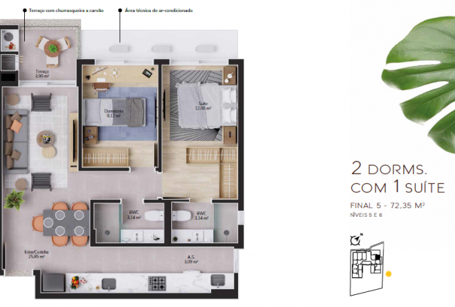  2 Dorm. c/ 1 Suite 72m²