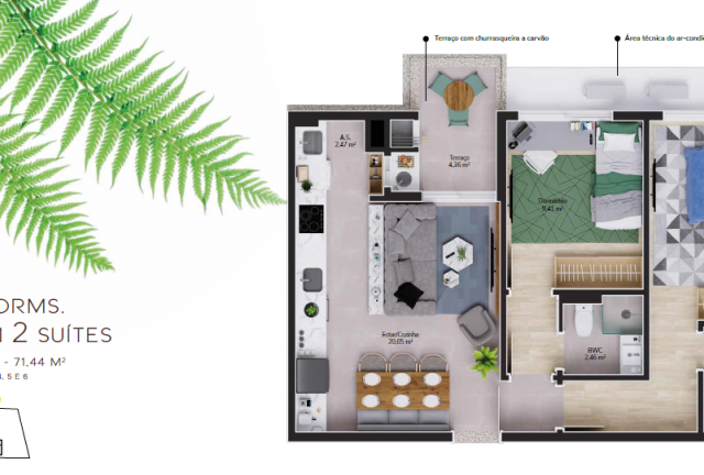  2 Dorm. c/ 2 Suites 71m²