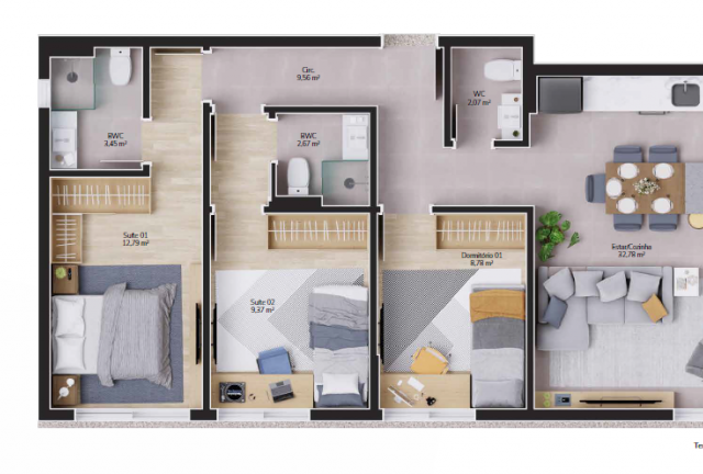  2 Dorm. c/ 2 Suites 96m²
