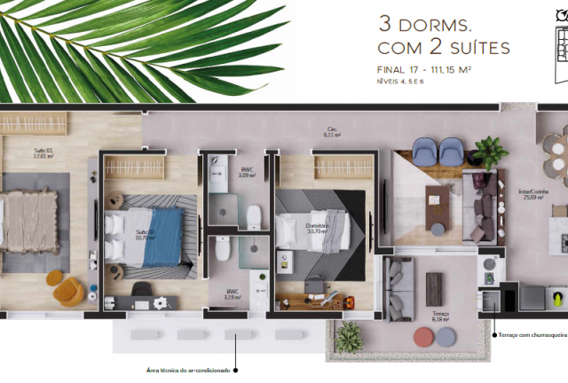  3 Dorm. c/ 2 Suites 111m²